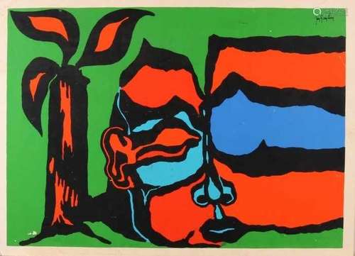 Jan G. van Loon. Abstract face. Lithography on paper on aluminum. Size: 69 x 49 cm. In