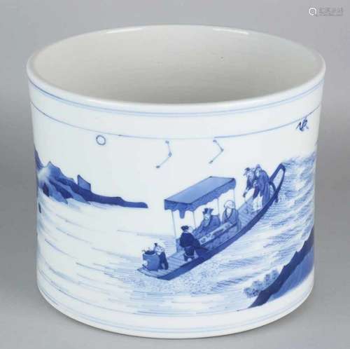 Large old Chinese porcelain brushes jar with text, signature and seascape with figures in boat.