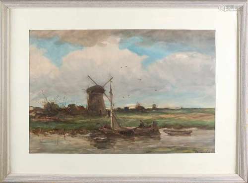 Anton Dirckx. 1878-1927. Polder face with windmills and flat bottom. Watercolor on paper. Size: 40 x