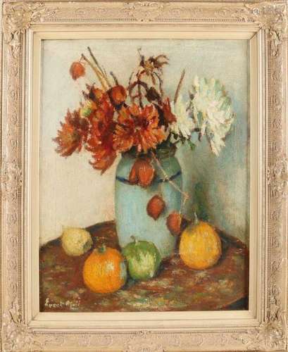 Evert Moll. 1878-1955. Vase with flowers and fruit. Oil paint on linen. Size: 50 x 40 cm. In good