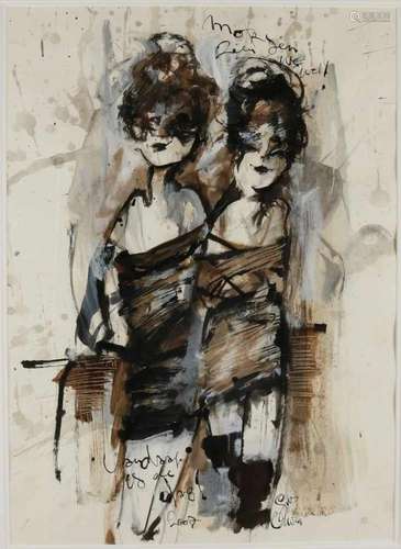 Guy Olivier. 2007. 1964 -. Two ladies on the move. 'We'll see tomorrow'. Mixed technique on paper.