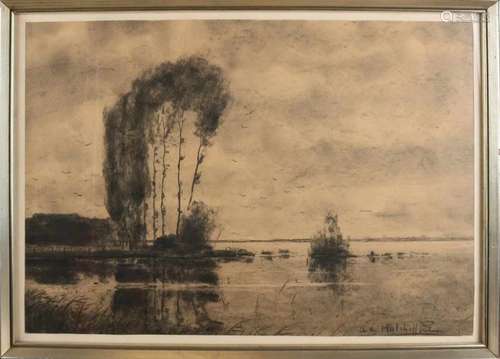 AG Hulshoff Pol. 1883 - 1957. Loosdrechtse plassen. Charcoal on paper. Size: 65 x 47 cm. In good