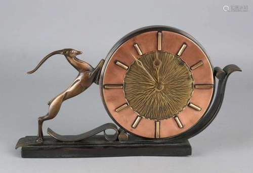 Bronze with red copper chimney clock. Circa 1960. Design attributed to Johannes Bosma. 1879 -