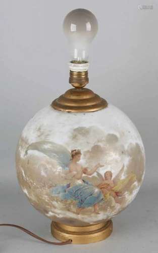 Antique signed hand-painted glass table lamp with angels. Signed Merigot. Circa 1900. Size: 35 x