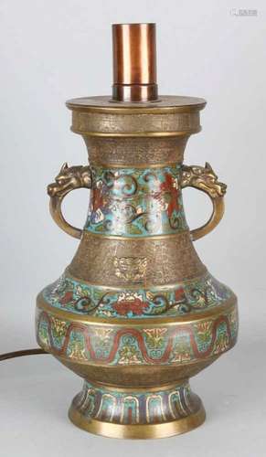 19th Century Japanese bronze cloisonne vase lamp. Later electrified into lamp. Size: 39 x 18 cm ø.