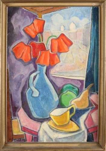 Betsie Assink. 1946, Hengelo. Cubist still life. Oil paint on linen. Size: 64 x 43 cm. In good