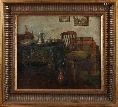 Unsigned. Circa 1920. Antique interior. Oil paint on linen. Size: 26 x 30 cm. In good condition.