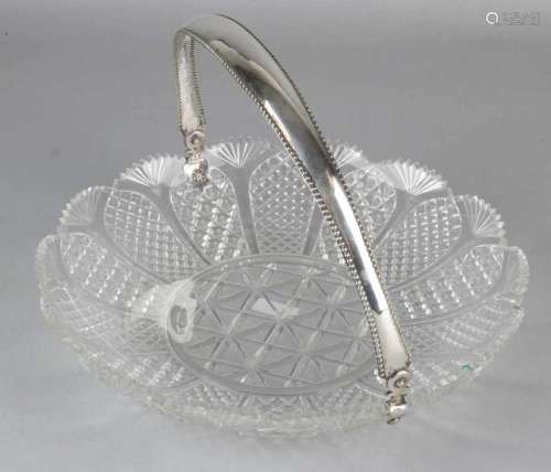 Beautiful cut crystal cake bowl with fan edge sharps and a silver 835/000 handle with beaded edge.