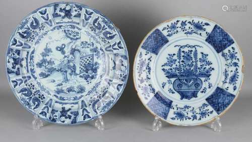 Two large 18th century Delft Fayence style dishes. One chinoiserie transition, minimal edge glaze