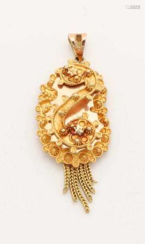 Yellow gold regional pendant, 585/00, oval model with S-shaped aplique, decorated with buttons and