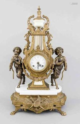 Large bronze pendulum with white enamel and two times faun. 21st century. Eight-day movement, half-