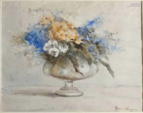 Herman Bogman. 1890 - 1975. Glass vase with flowers. Watercolor on paper. Size: 40 x 50 cm. In