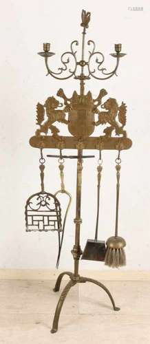 Antique six-piece Amsterdam brass fireplace set. With candlesticks. Renaissance style. Circa 1900.