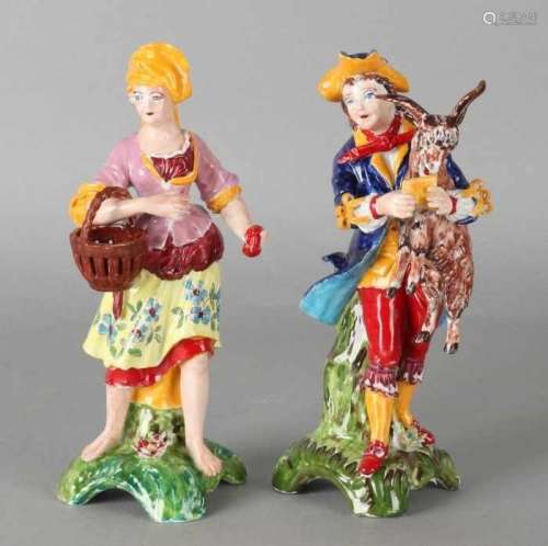 Two old German Sitzendorf porcelain figures. 'Hand-malted AH' 20th Century. In Art Nouveau colors.
