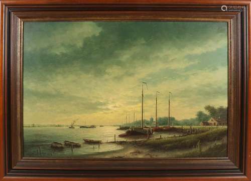 HJ van Wijngaard. 1922 - 2012. River view IJssel at evening. Oil paint on linen. Size: 120 x 80