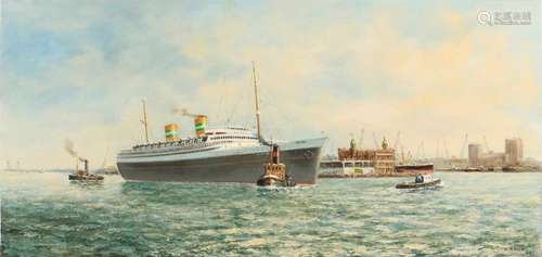 Leo Scheen. Harbor view Rotterdam with hotel New York. Oil paint on panel. Size: 40 x 80 cm. In good