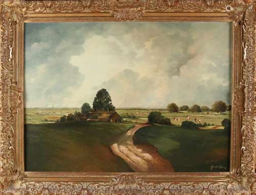 CJ van der Aa. 1883 - 1950. Almelo. Twents landscape with cows and panorama on city. Oil paint on