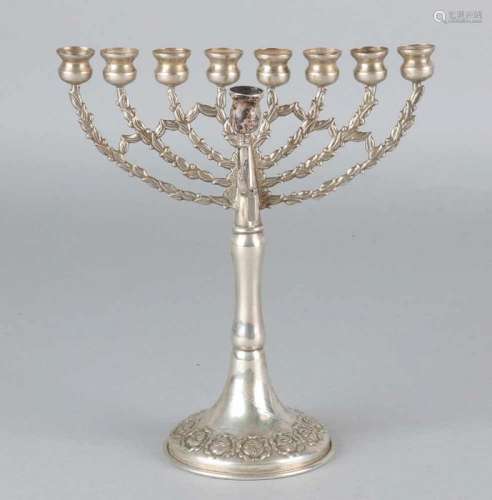 Small Hanukkah candlestick, 835/000, on round base with flower decoration. Enen 9 light