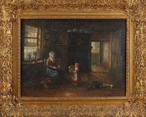 C. Valkman. Circa 1920. Farmers interior with mother and child. Oil paint on panel. Size: 30 x 40