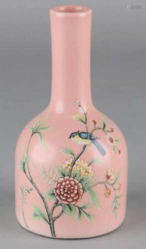 Old pink Chinese porcelain pipe vase with floor mark and lithographed decor, bird on blossom branch.