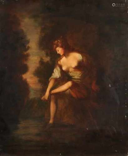 Unsigned. 19th century. Half-naked lady in landscape. Paint off piece. Oil paint on linen. Size: