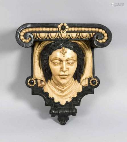 Large antique wood-stained wall console with Indian woman's head. Two-color polychromy. Circa