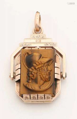 Special gold pendant, medallion, 585/000, with tigereye and onyx. Tilting pendant with a rectangular
