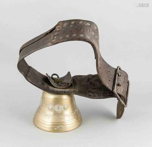 Antique bronze cow bell (No. 18) with leather belt which is provided with edelweiss decor. Size: