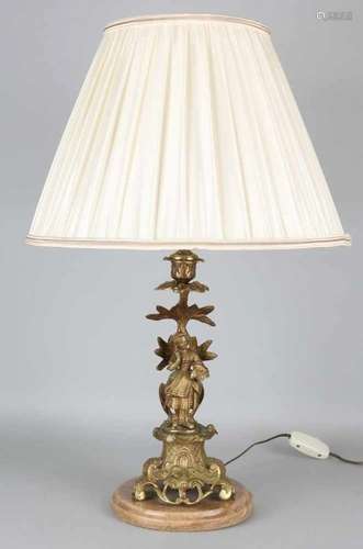 Old table lamp with antique picture and onyx basement. Candle candlestick electrified. Size: H 55