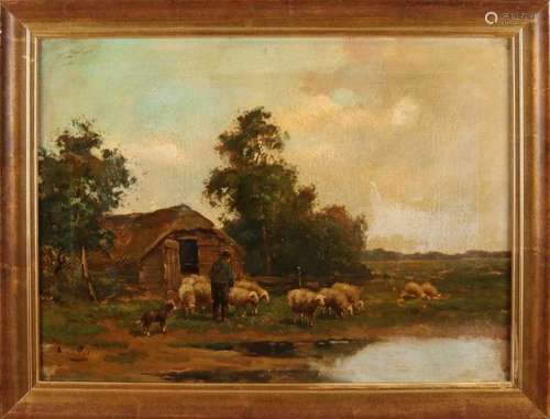 A. vd Pol. 1886 - 1956. Shepherd in flock of sheep. Oil paint on linen. Size: 44 x 59 cm. In good