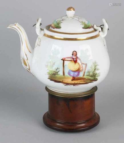 Early 19th century hand-painted porcelain chocolate jug with figures in landscape and gold decor.