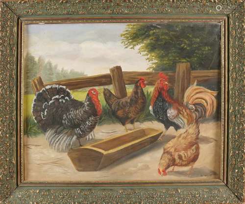 E. Wolff. German School. Poultry at feeder. Oil paint on linen. Size: 50 x 40 cm. In good condition.