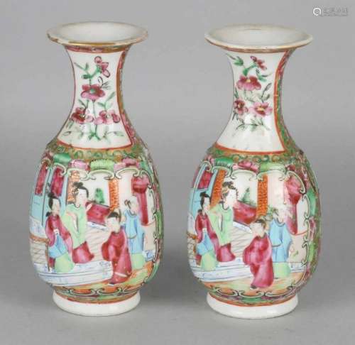 Twice 18th - 19th century Chinese Cantonese Family Rose vases with figures decor. One vase of baking