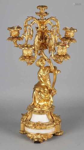 19th Century gilt bronze candlestick with Greek woman. With white Carrara marble. Four-light. Top