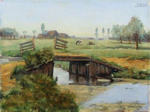 A. v. Pol. Circa 1930. Dutch landscape with cows and wooden bridge. Oil paint on linen. Size: 30 x