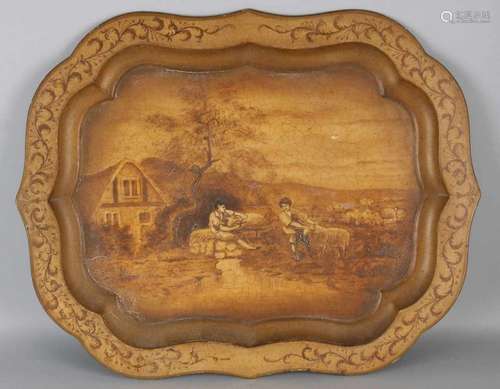 Antique Dutch tin painted tray with floral and landscape decor. Size: 28 x 54 cm. In good condition.