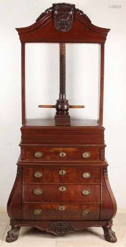 Beautiful 18th century Dutch mahogany Louis Quinze linen press with curved chest and ring fitting.