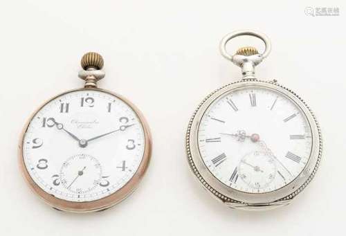 Two silver pocket watches, 800/000, one watch with a pearl edge and engraving with representation at