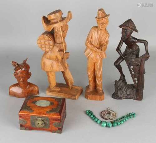 Lot miscellaneous asian. Among others: Four wood-stained statues, box with jade, plaque, Japanese