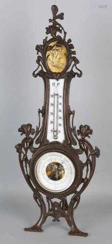 Antique German art nouveau table barometer with thermometer. Circa 1910. Whip, floral decor and gilt