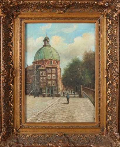 Unclear. Circa 1910. Cityscape with figures Amsterdam. Oil paint on linen. Size: 30 x 40 cm. In