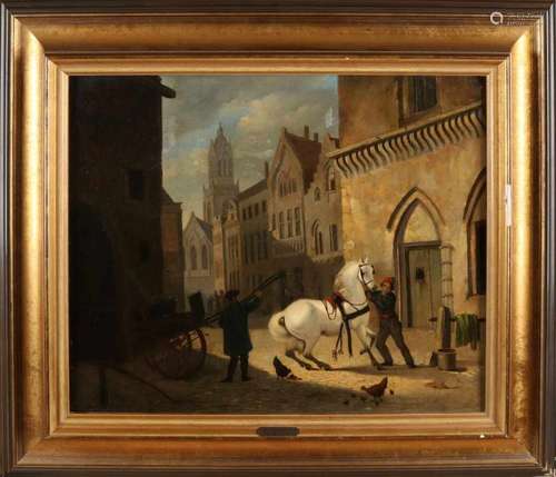 To JH Verheijen. 19th century. Cityscape with horse and figures. Size: 50 x 41 cm. In good