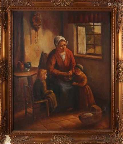 Ewald. Circa 1930. Farm interior with mother and child. Oil paint on linen. Size: 50 x 60 cm. In