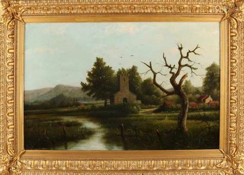 Unsigned. English School. 19th century. Landscape with English church, houses and figures. Oil paint