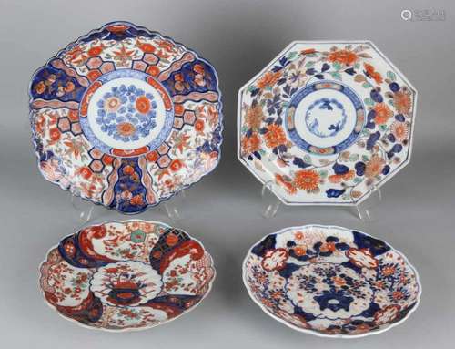 Four times 19th century Imari porcelain flat bowls with various floral decors. Traced and octagonal.