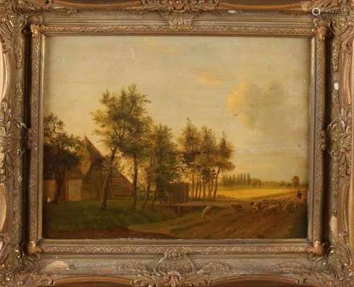 CJ de Vogel. 19th century. Landscape with farm and sheep with shepherd. Oil paint on panel. Size: 29