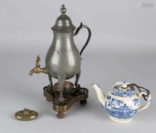 Three times 19th century antiques. Consisting of: Tin miniature tap jug. Miniature warming jar.