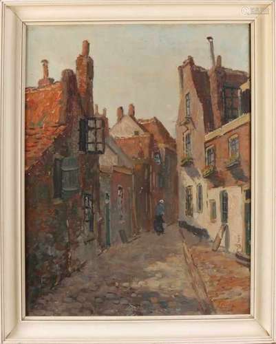 J. Klein. Circa 1930. Dutch village street with figures. Oil paint on linen. Size: 40 x 50 cm. In