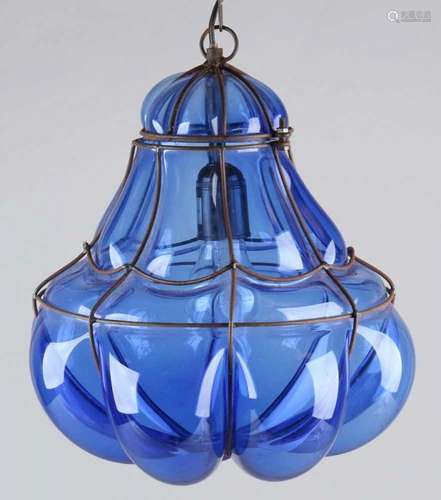 Old blue-glass Venetian lamp in metal holder. 20th century. Size: 34 x 27 cm ø. In good condition.