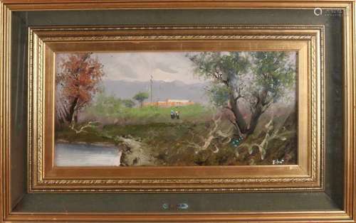 E. Cano. Italian school. Italian landscape. Oil paint on linen. In double list. Size: 58 x 27 cm. In